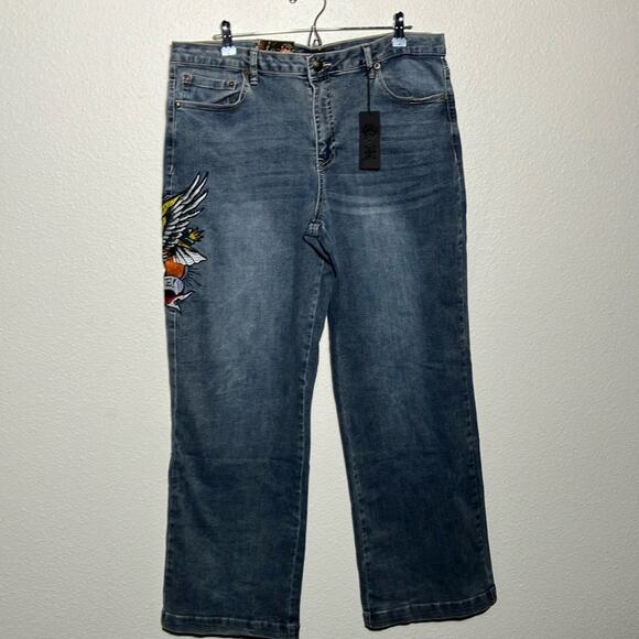 ED HARDY JEANS‎ wide leg women’s embellished denim brave hearts new size 34 - Picture 1 of 8